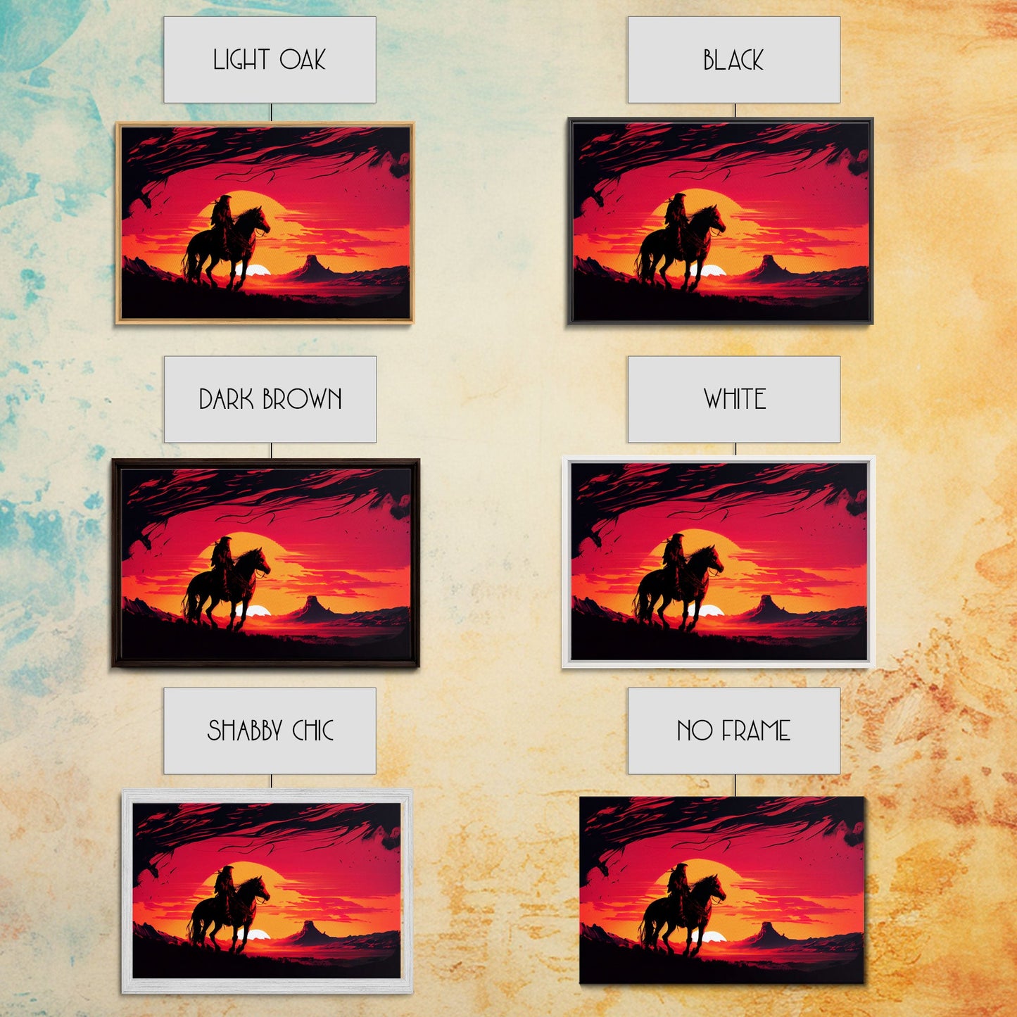 Retro Wildwest Sunset Art, Framed Canvas Print, Native American Warrior on Horseback
