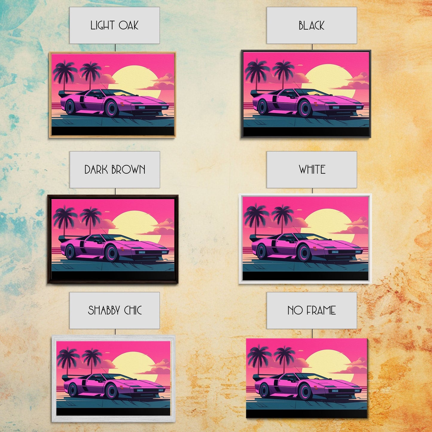 Classic sport car Wall Art, Framed Canvas Print, Guest room art, Beautiful sunset, Synthwave Style, Pink Colors, Pop Art Style, Tropical art