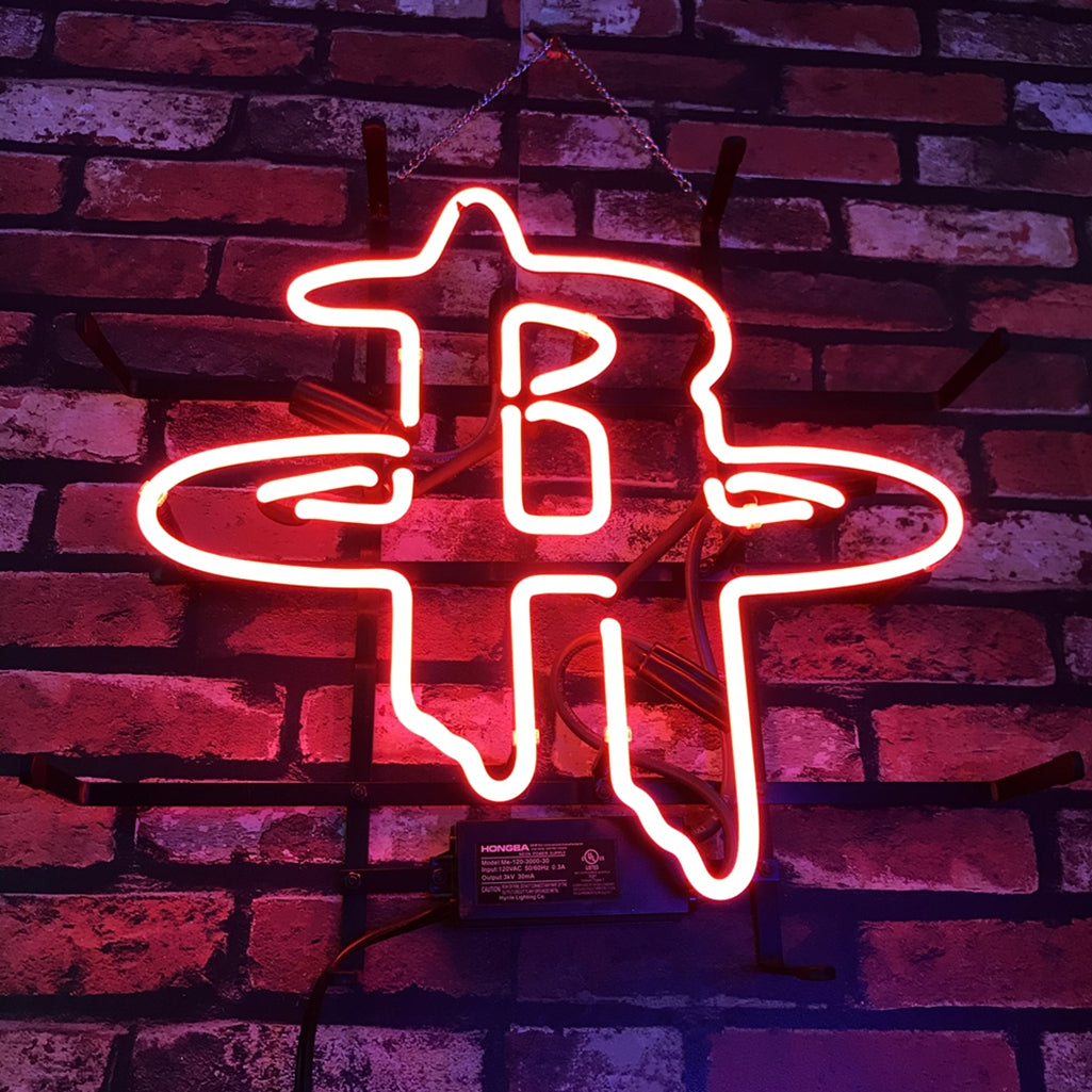 Houston Rockets Neon Baseball Sign with Real Glass Tubes and Metal Grid Backing, 19" x 19"