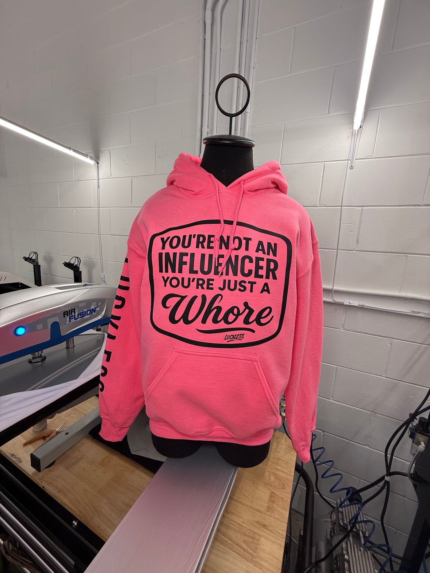"You're Not An Influencer, You're Just A Whore" Black and Pink Statement Hoodie by Luckless Outfitters