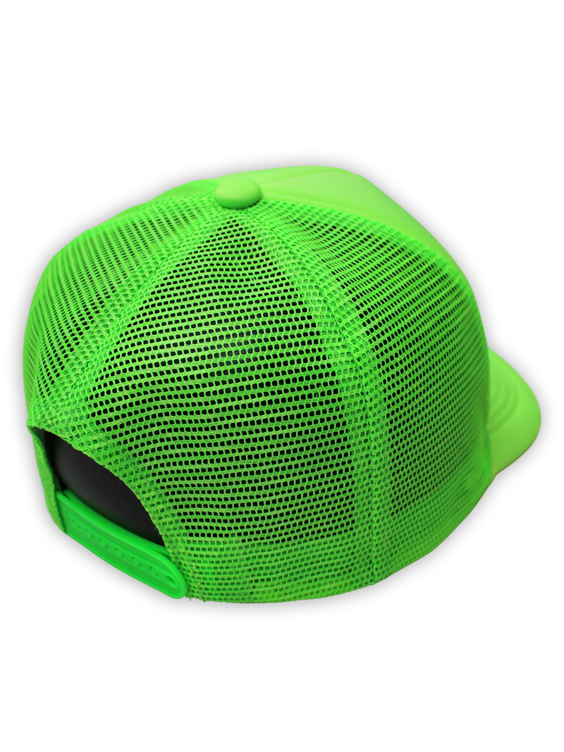 I Pee in Pools Neon Green Foam Trucker Hat with Black Puff Print and Adjustable Snapback