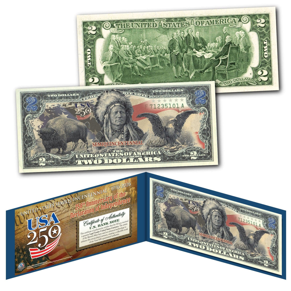 250th Anniversary $2 Bill – Black Eagle, Indian Chief & Bison