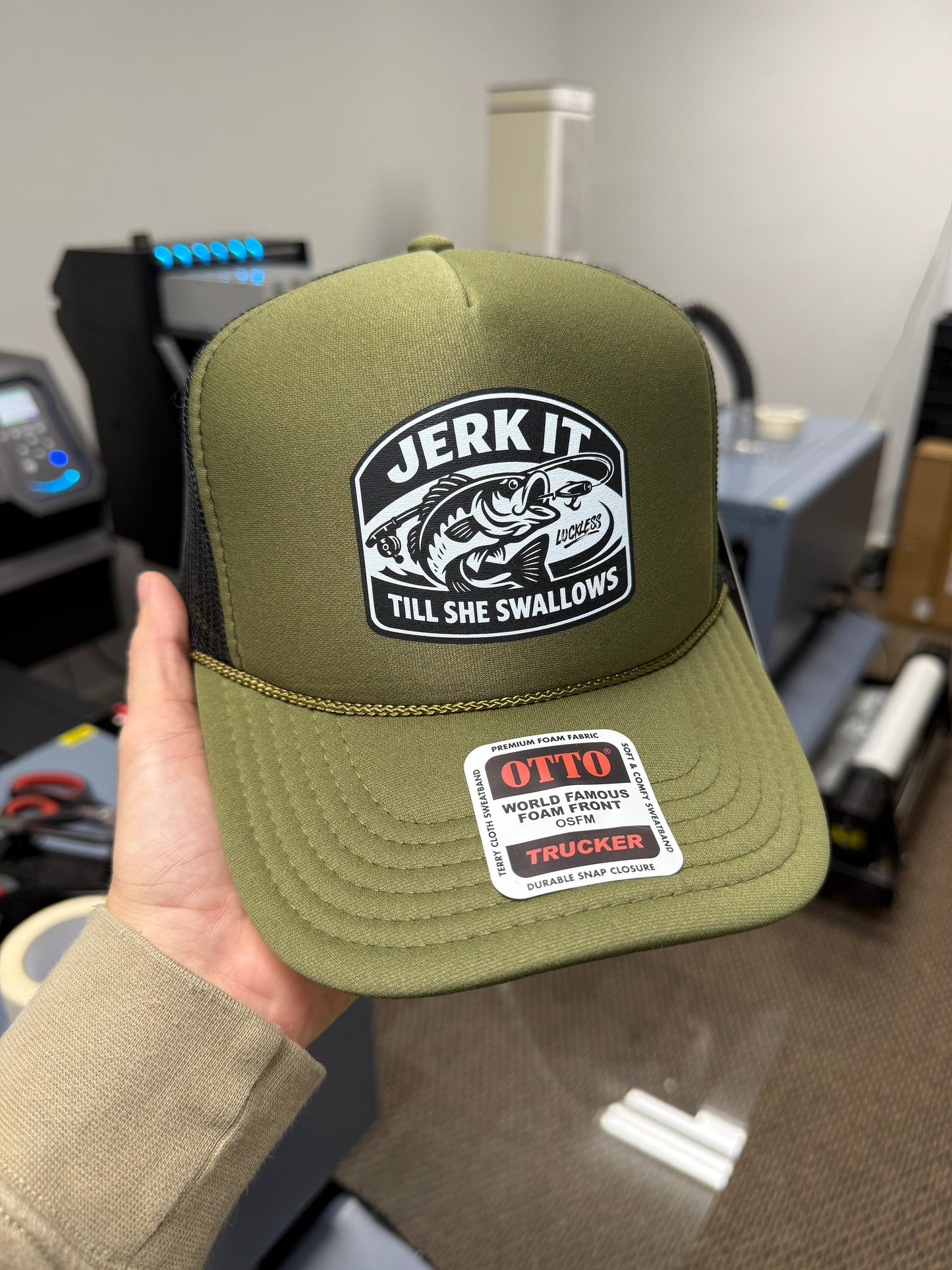Jerk It Till She Swallows Funny Fishing Trucker Hat by Luckless Outfitters