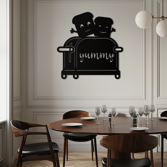 Cute Yummy Toast Metal Wall Art – Playful Kitchen Decor with Smiling Toast Characters on Toaster for Modern Home- KAF412