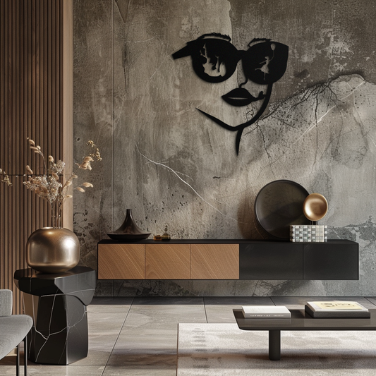 Modern Woman Face with Sunglasses Metal Wall Art – Abstract Reflective Scene Black Steel Decor for Contemporary Interiors- KAF460