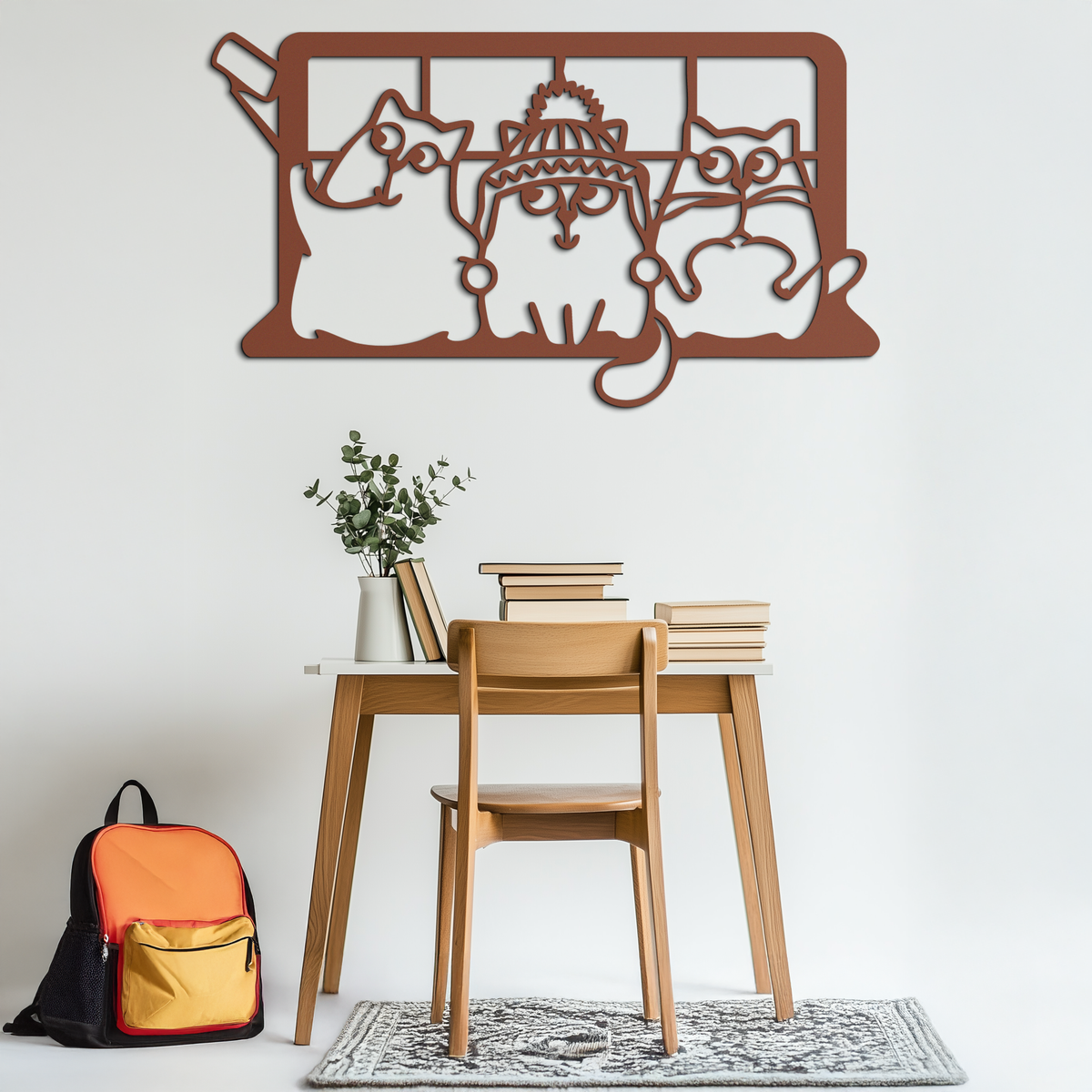 Cozy Window Cats Metal Wall Art – Cute Cartoon Trio Design for Pet Lovers- KAF582