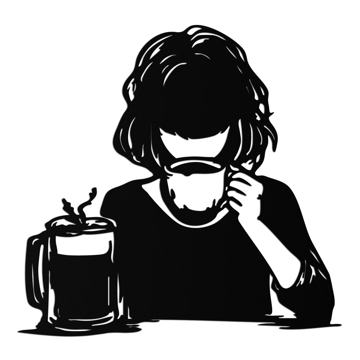 Coffee Girl Silhouette Metal Wall Art – Cozy Black Modern Home Decor for Coffee - KAF683