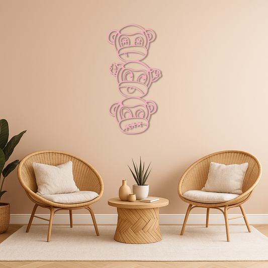 Pink Three Monkeys Metal Wall Art – Playful See No Evil, Hear No Evil, Speak No Evil Design - KAFGP004