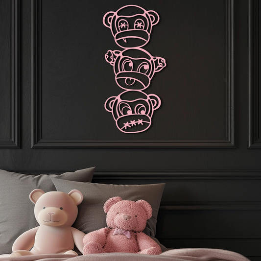Pink Three Monkeys Metal Wall Art – Playful See No Evil, Hear No Evil, Speak No Evil Design - KAFGP004