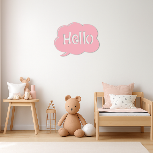 Pink Hello Speech Bubble Metal Wall Art – Playful Greeting Sign - KAFGP011