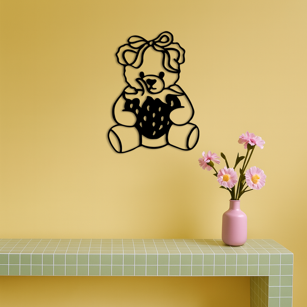Pink Teddy Bear with Strawberry Metal Wall Art β Cute Bow Design for Kids Room - KAFGP020