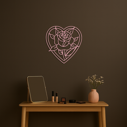 Heart Rose Silhouette Metal Wall Art – Romantic Flower Design - KAFGP034