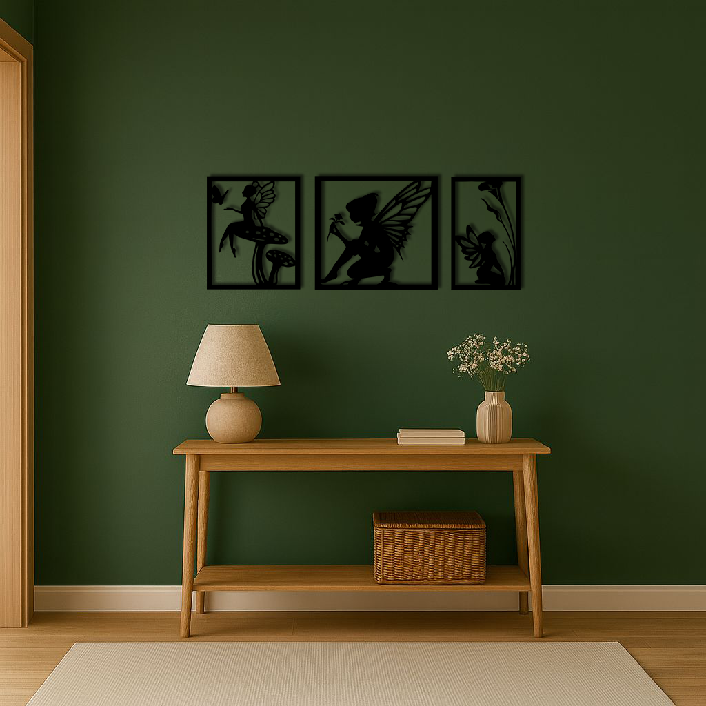 Pink Fairy Trio Metal Wall Art β Set of Three Fantasy Silhouette Panels - KAFGP156