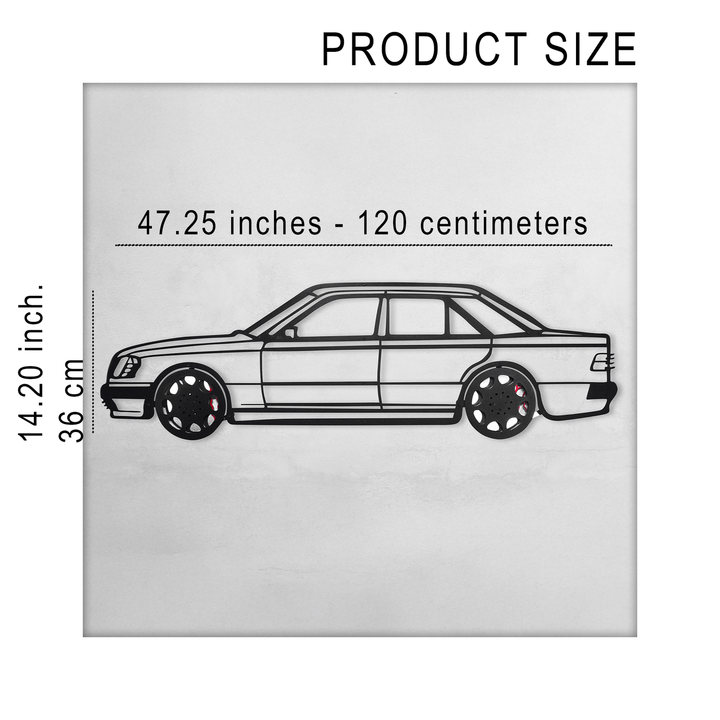 Mercedes W124 Wall Art β Classic Steel Silhouette with Spinning Wheels-KAFMEKA035