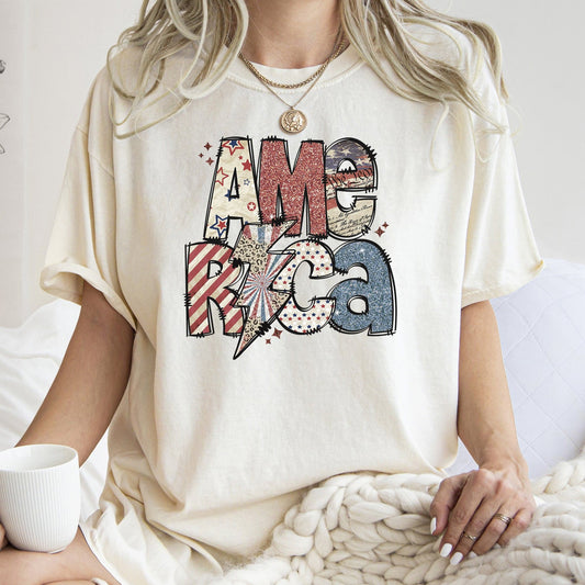 America Patriotic Lightning Bolt Patch Vintage Americana Flag Design Comfort Colors Tee