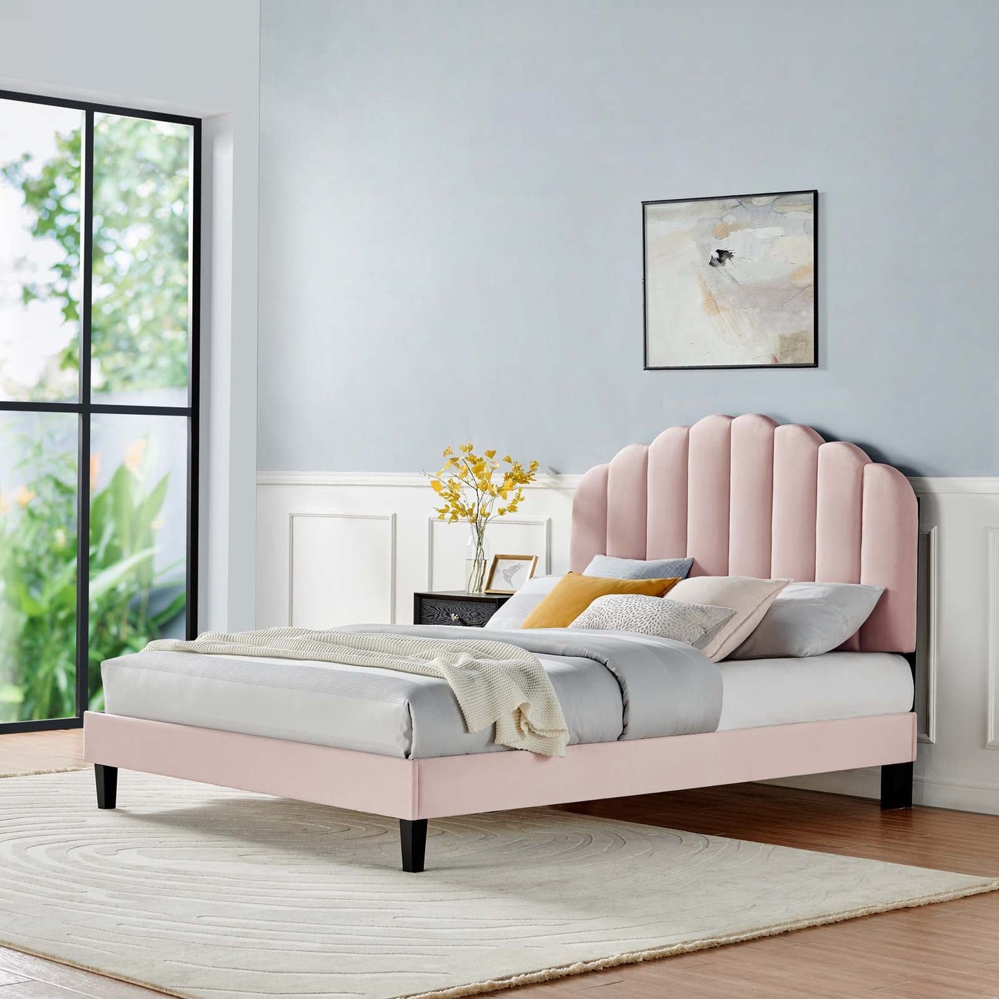 Daisy Tapered Wood Leg Performance Velvet Queen Platform Bed by Modway