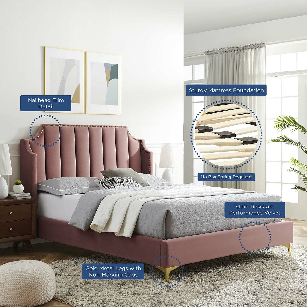 Daniella Performance Velvet Queen Platform Bed by Modway