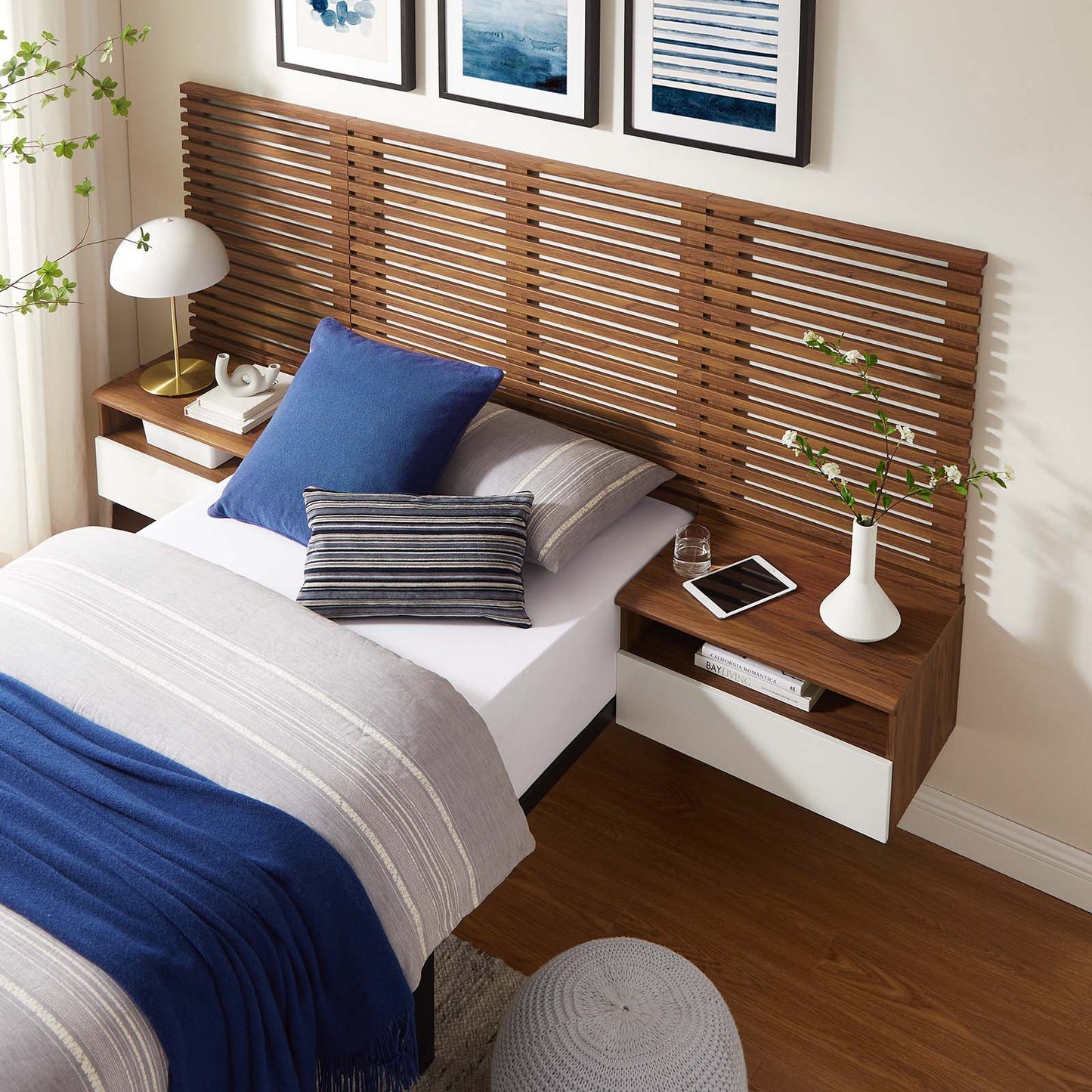 Render Wall Mount Twin Headboard and Modern Nightstands by Modway