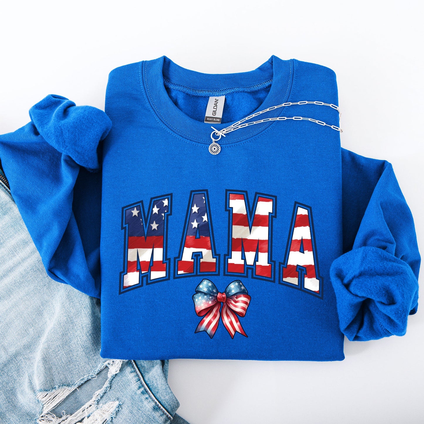 Mama USA Flag Patriotic Varsity Bow Ribbon America 4th Of July Americana Pride Sweatshirt