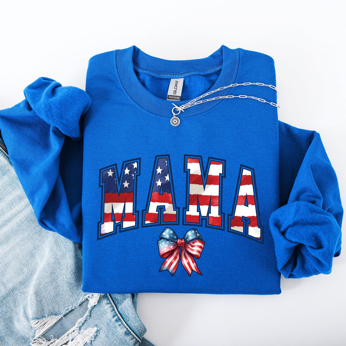 Mama USA Flag Patriotic Varsity Bow Ribbon America 4th Of July Americana Pride Sweatshirt