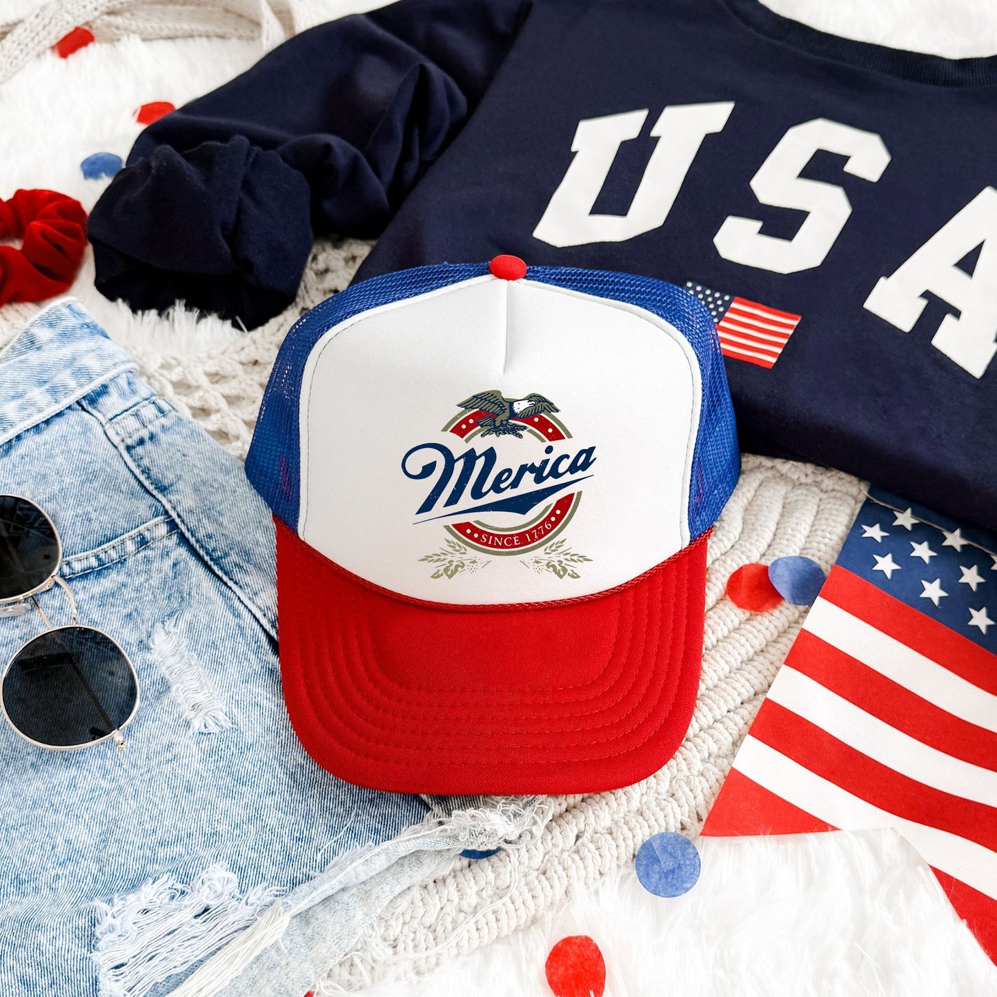 Merica Beer Patriotic American Flag Edition Vintage Distressed Graphic Trucker Hat