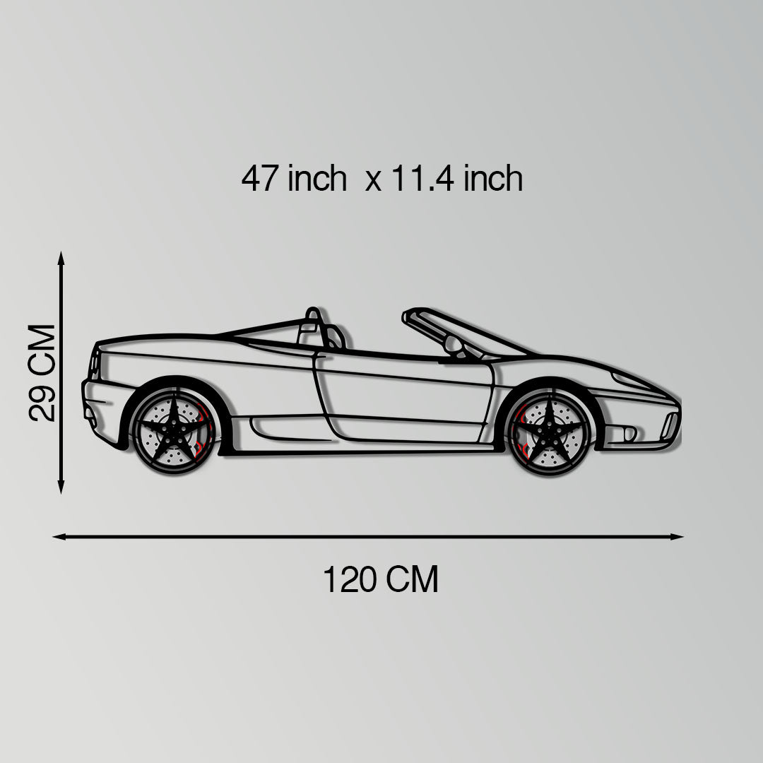Ferrari 360 Spider Metal Car Wall Art with Rotating Wheels - Italian Convertible Supercar Silhouette - Interactive Automotive Wall Decor - KAFMEKA123