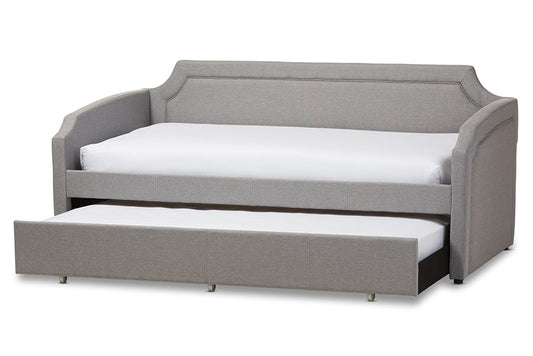 Baxton Studio Parkson Modern and Contemporary Grey Fabric Curved Notched Corners Sofa Twin Daybed with Roll-Out Trundle Guest Bed