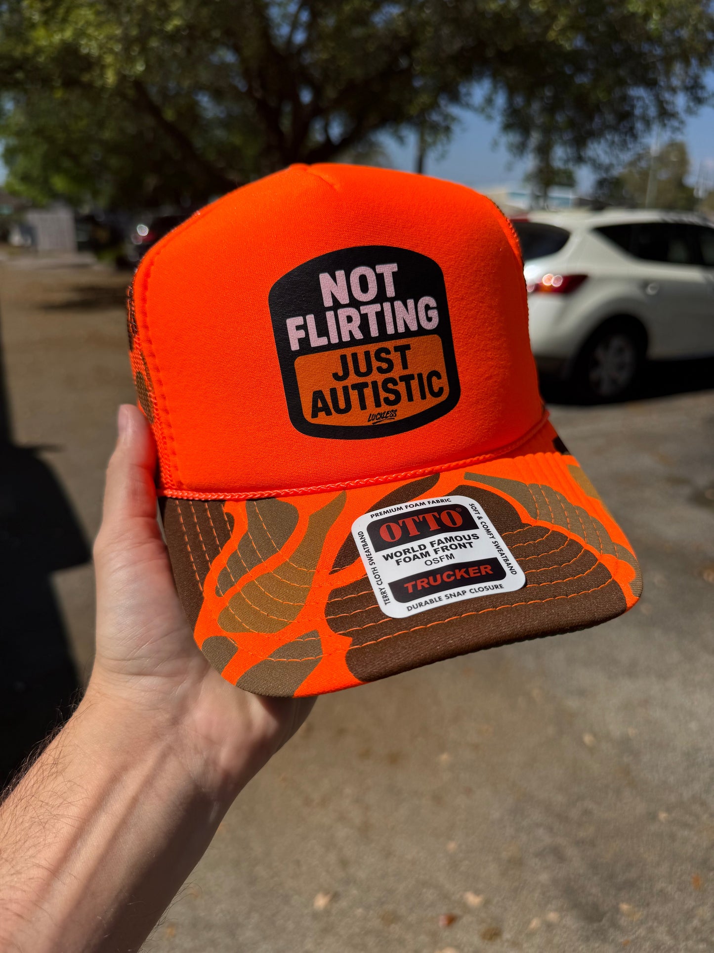 Not Flirting Just Autistic Adjustable Foam Trucker Hat by Luckless Outfitters