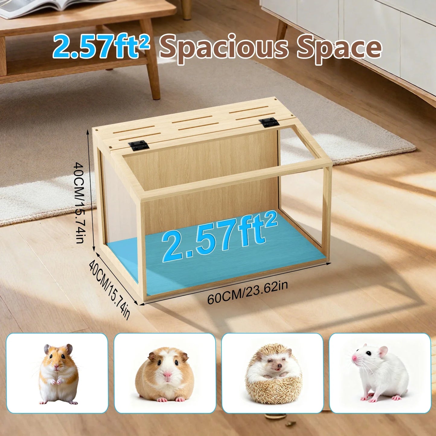 Wooden Hamster Cage With Tempered Glass LED Light Open Roof