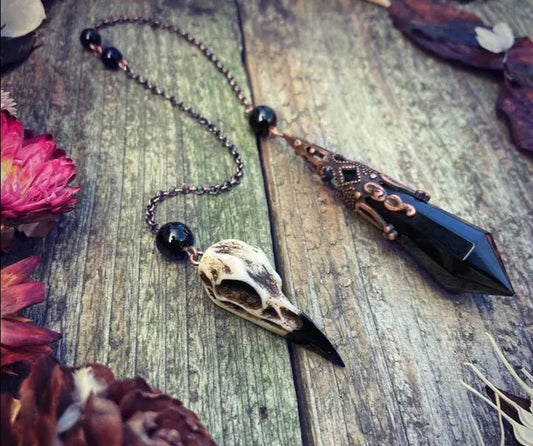 Obsidian Raven Skull Pendulum