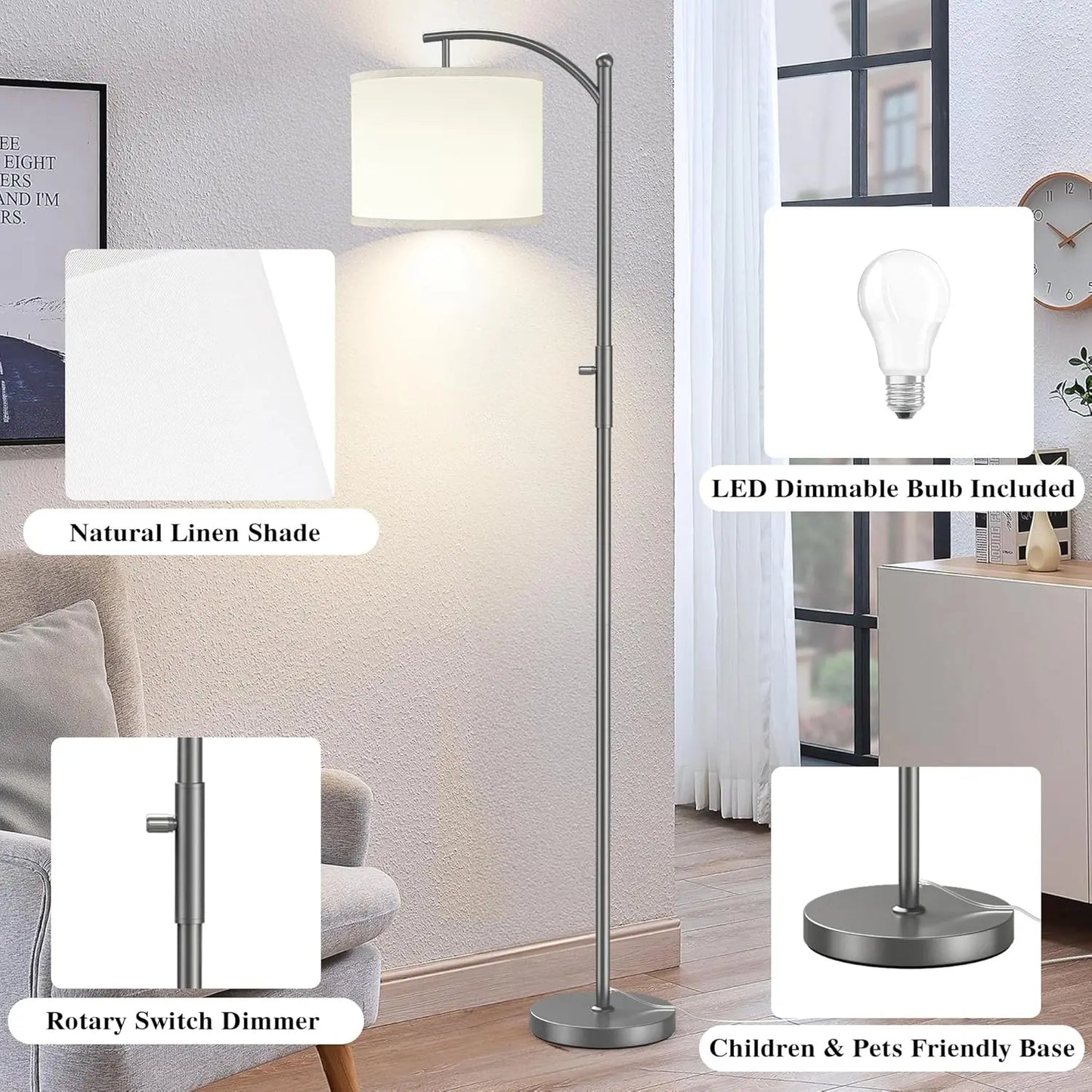 Dimmable Arc Floor Lamp With Linen Shade Stepless Dimming