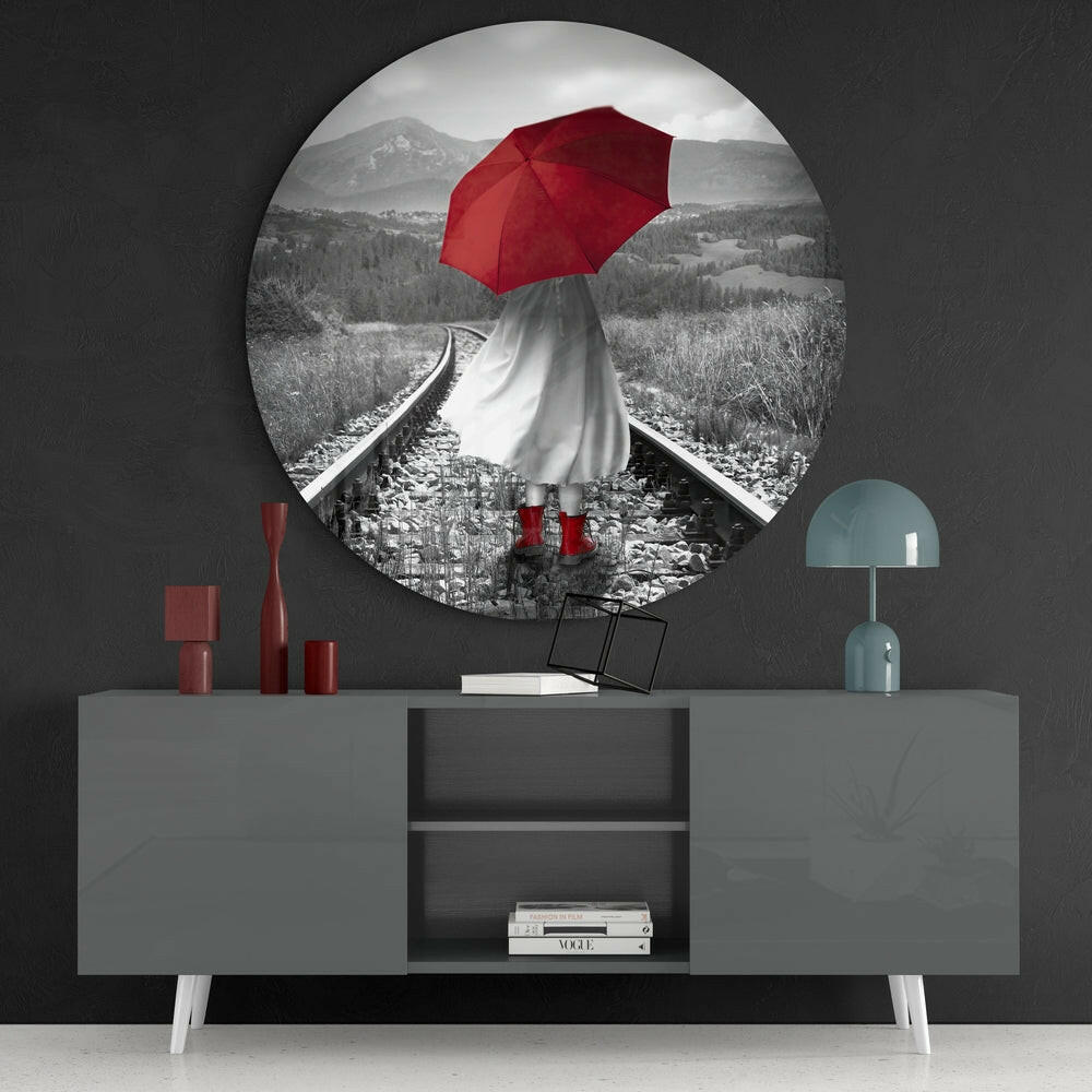 Girl with Red Umbrella Glass Wall Art