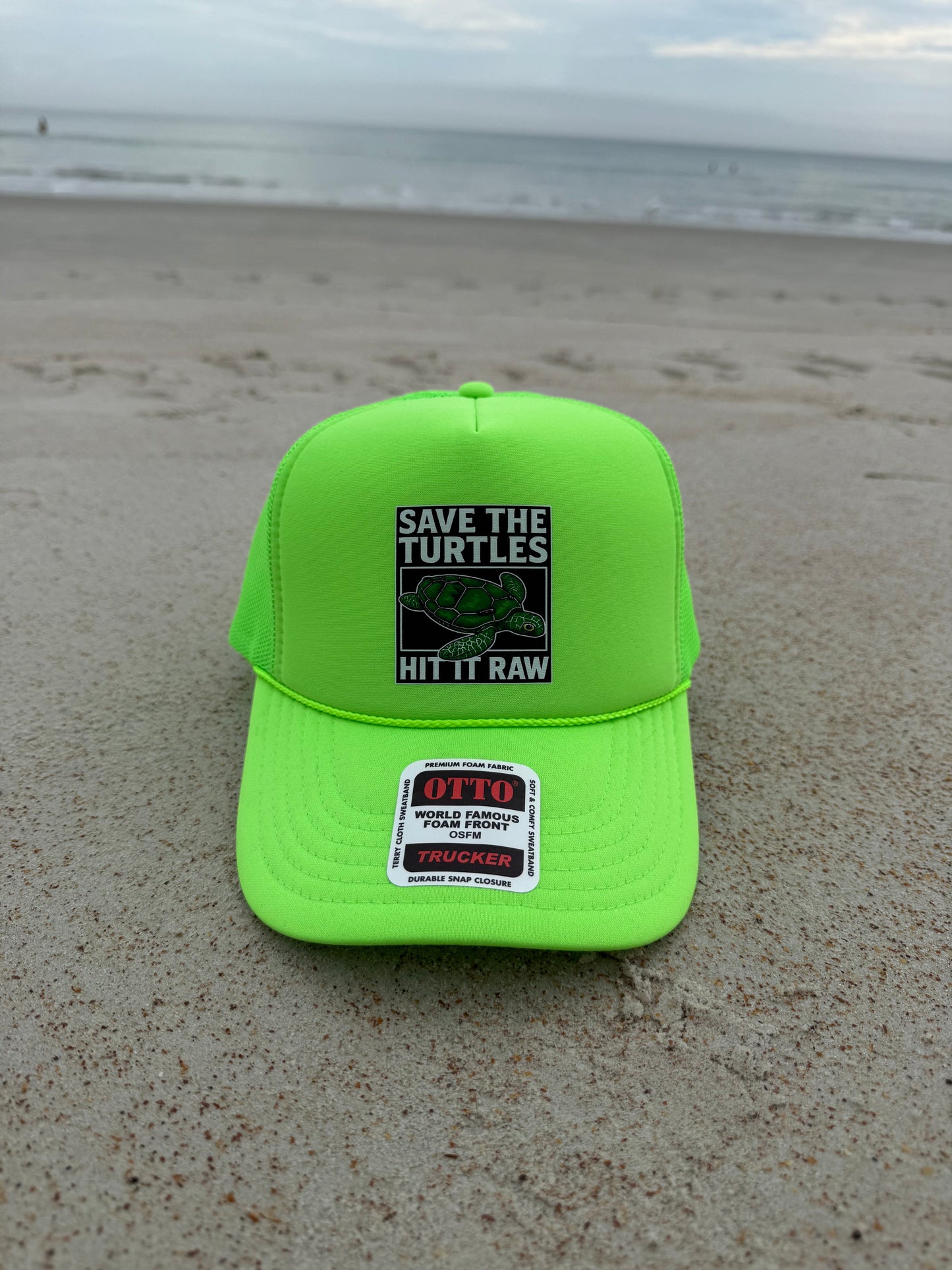 Save The Turtles Neon Green Foam Front Trucker Hat by Luckless Outfitters