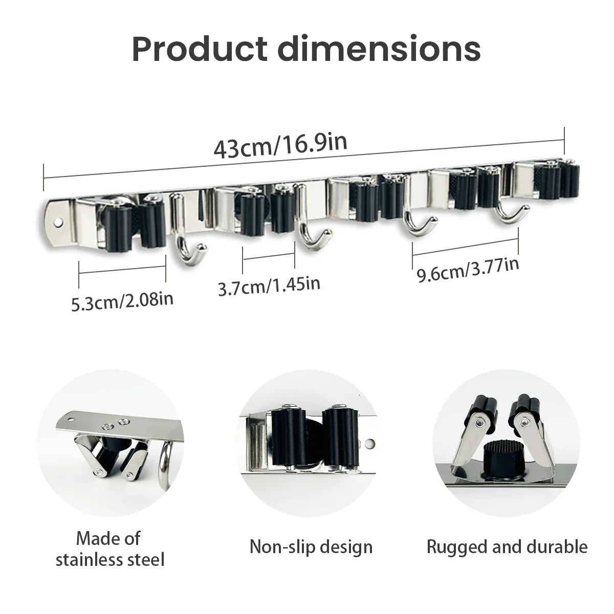 Stainless Steel 4 Hook Wall Mounted Mop And Broom Organizer