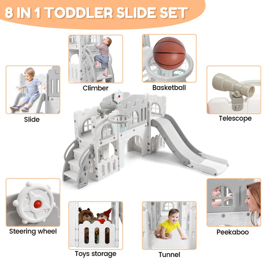 Toddler Indoor Slide Playset 8 In 1 With Basketball Hoop