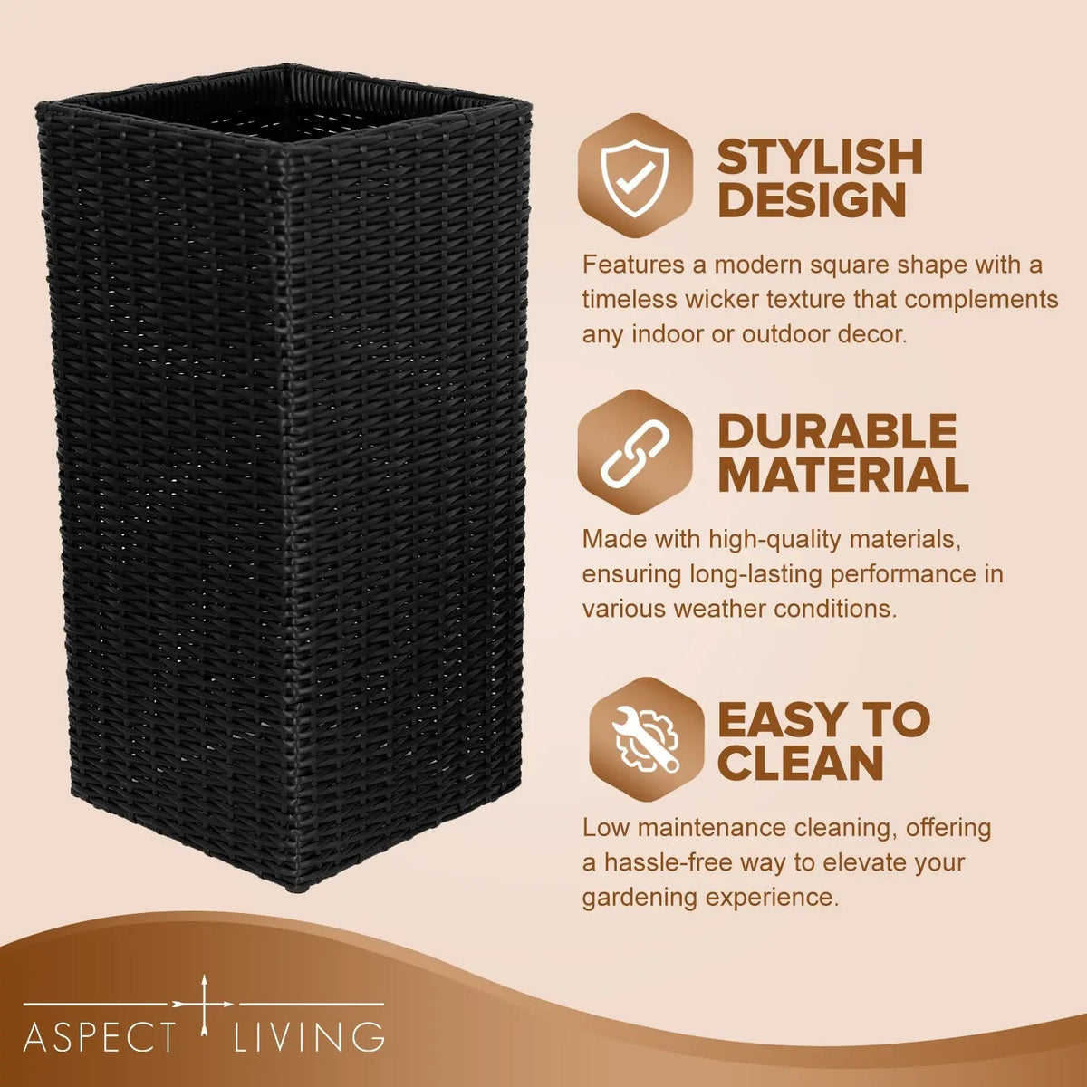Sierra Square Wicker Planter 2-piece Set in Black