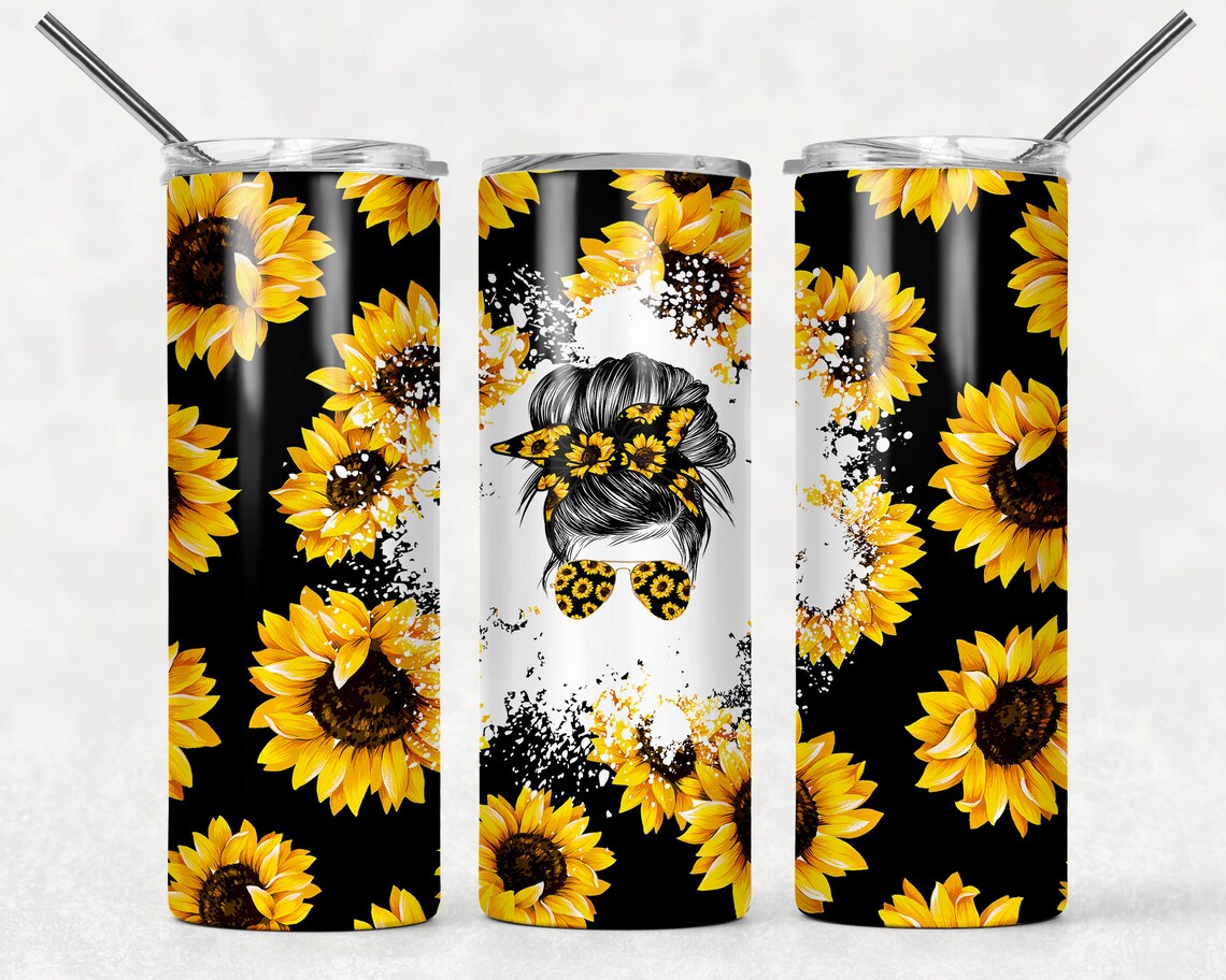 Sunflower Messy Bun 20 oz Skinny Tumbler