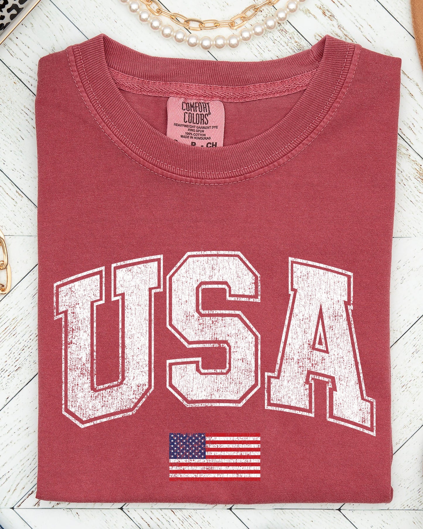 USA Flag Collegiate Varsity Olympics Patriotic Independence Day Fourth Of July America Comfort Colors Tee