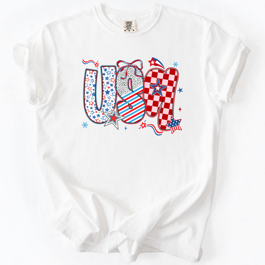 USA Patriotic Patterns With Ribbons Fourth of July America Theme Comfort Colors Tee
