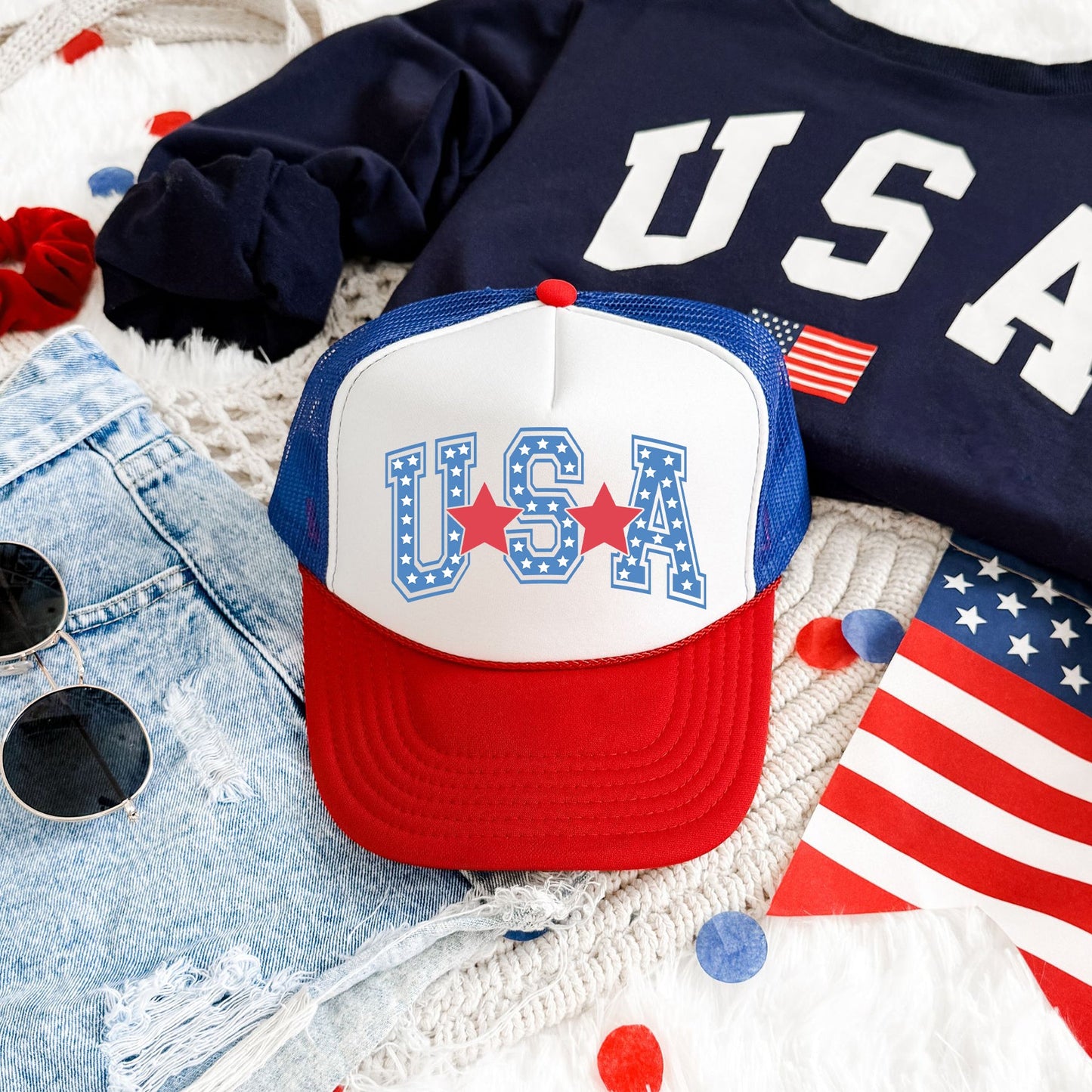 USA Stars Patriotic American Flag Emblem Bold Everyday Wear Trucker Hat With Adjustable Strap