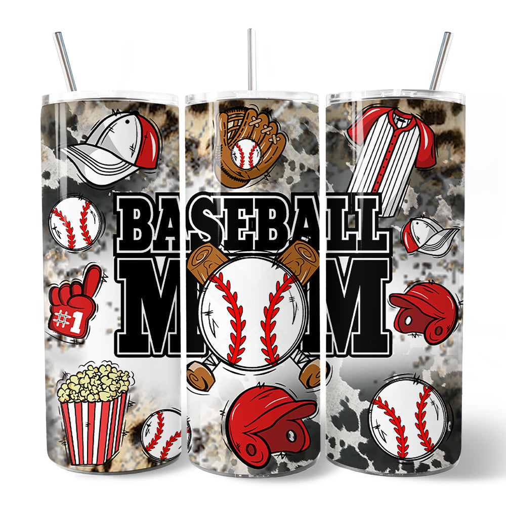 Black and Red Baseball Mom Pattern 20oz Personalized Tumbler With Lid and Stainless Steel Straw, Proud Sports Mothers Gift Cup