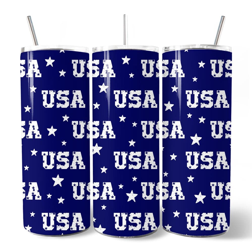Navy USA Block Letters Pattern 20oz Personalized Tumbler With Lid and Stainless Steel Straw, Vintage Independence Day Patriotic Gift Cup