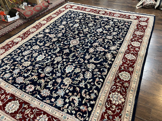 Indo Perisan Rug 9x12, Floral Allover, Midnight Blue and Dark Red Room Sized Carpet 9 x 12 ft, Hand Knotted Wool Vintage Indian Oriental Rug