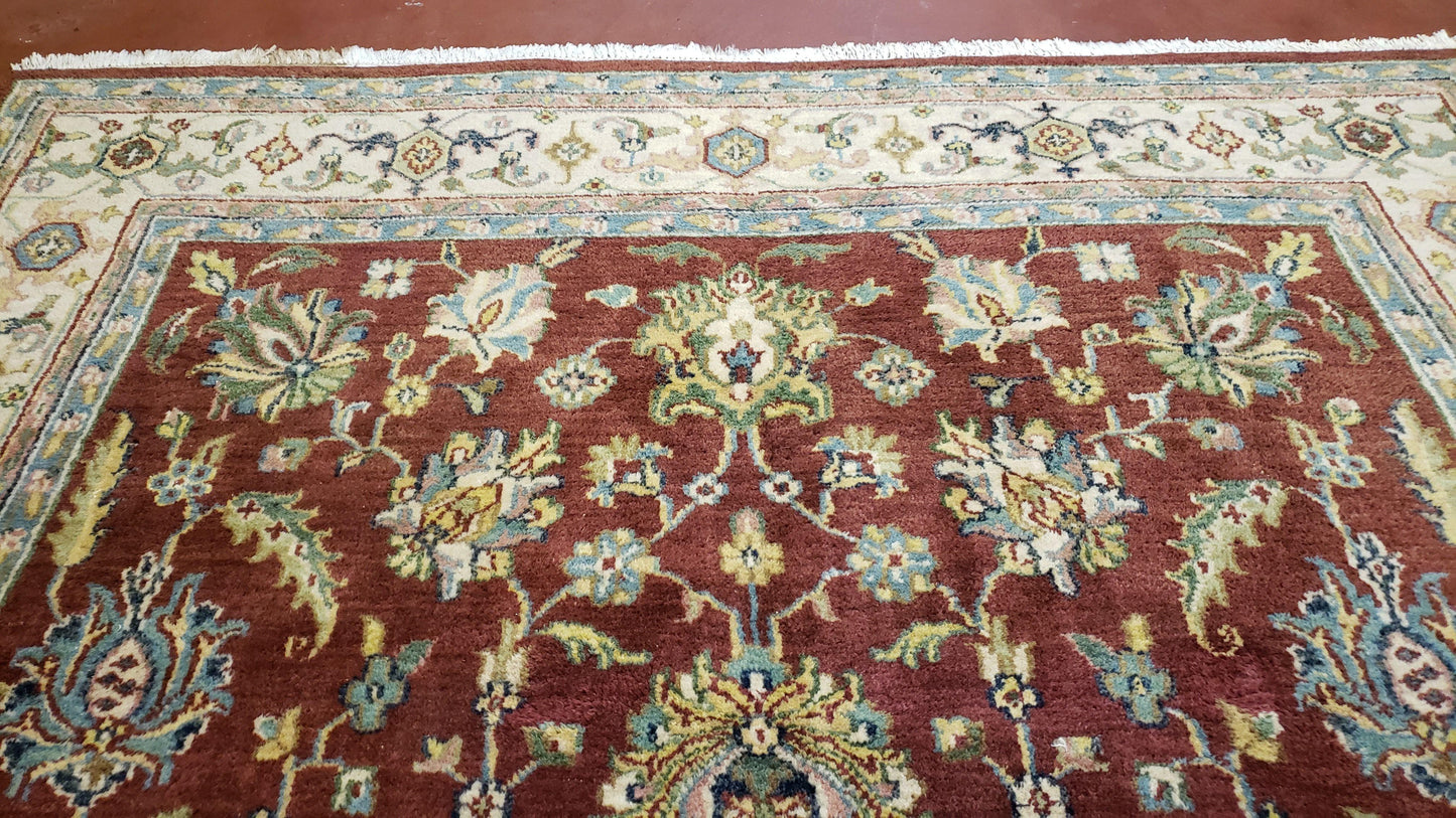 8x12 Indo-Mahal Rug, Floral Allover, Red & Beige, Wool Vintage Handmade Traditional Carpet