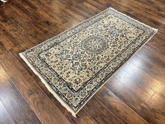 Persian Nain Rug 4x7, Floral Medallion Oriental Carpet 4 x 7 ft, Ivory Persian Rug, Handmade Hand Knotted Vintage, Wool & Silk Highlights, Birds