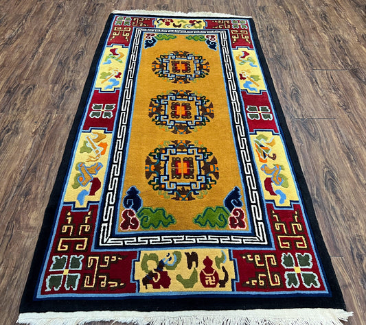 Vintage Chinese Art Deco Rug 3x6, Orange Dark Blue Maroon Chinese Peking Carpet, Asian Oriental Wool Rug, Bold Colors, Bedroom Rug, Hallway