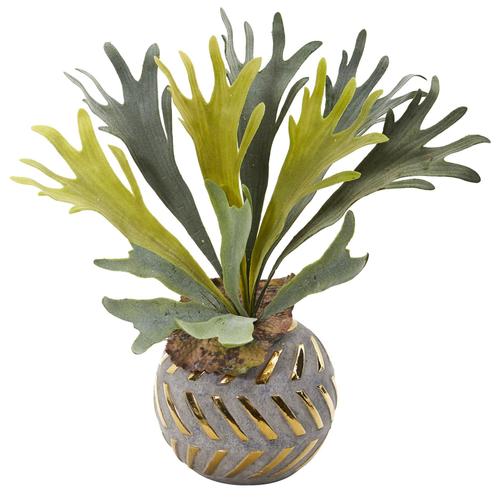 15" Staghorn Artificial Plant in Planter with Gold Trimming