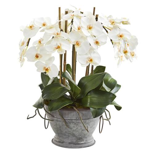 18" Phalaenopsis Orchid Artificial Arrangement in Vintage Bowl with Copper Trimming