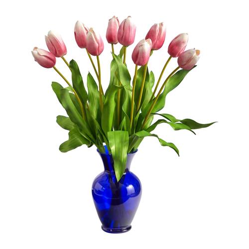 22" Dutch Tulip Artificial Arrangement in Blue Colored Vase