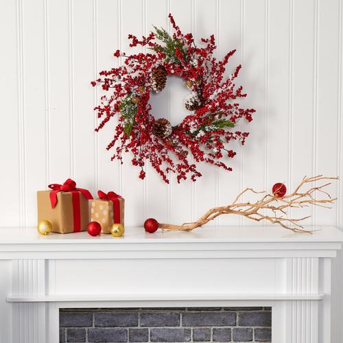 24" Frosted Cypress Artificial Wreath with
Berries and Pine Cones